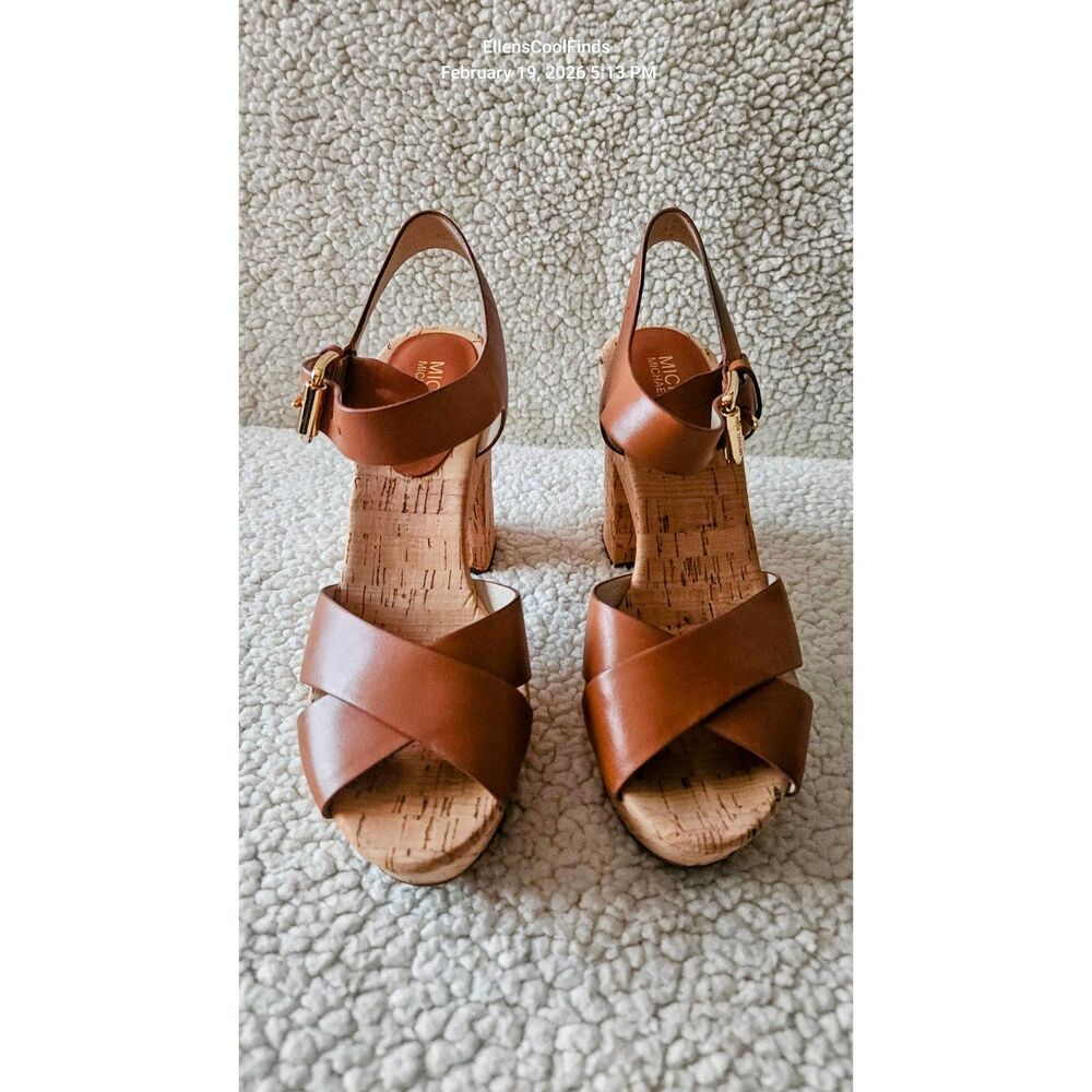 Micheal Micheal Kors Natalia Walnut Leather Cork Platform Sandals  7.5 - Picture 3 of 11